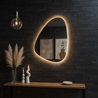 Modern LED Organik Banyo Aynası – Asimetrik Aydınlatmalı Dekoratif Duvar Aynası, Sıcak Işıklı Tasarım