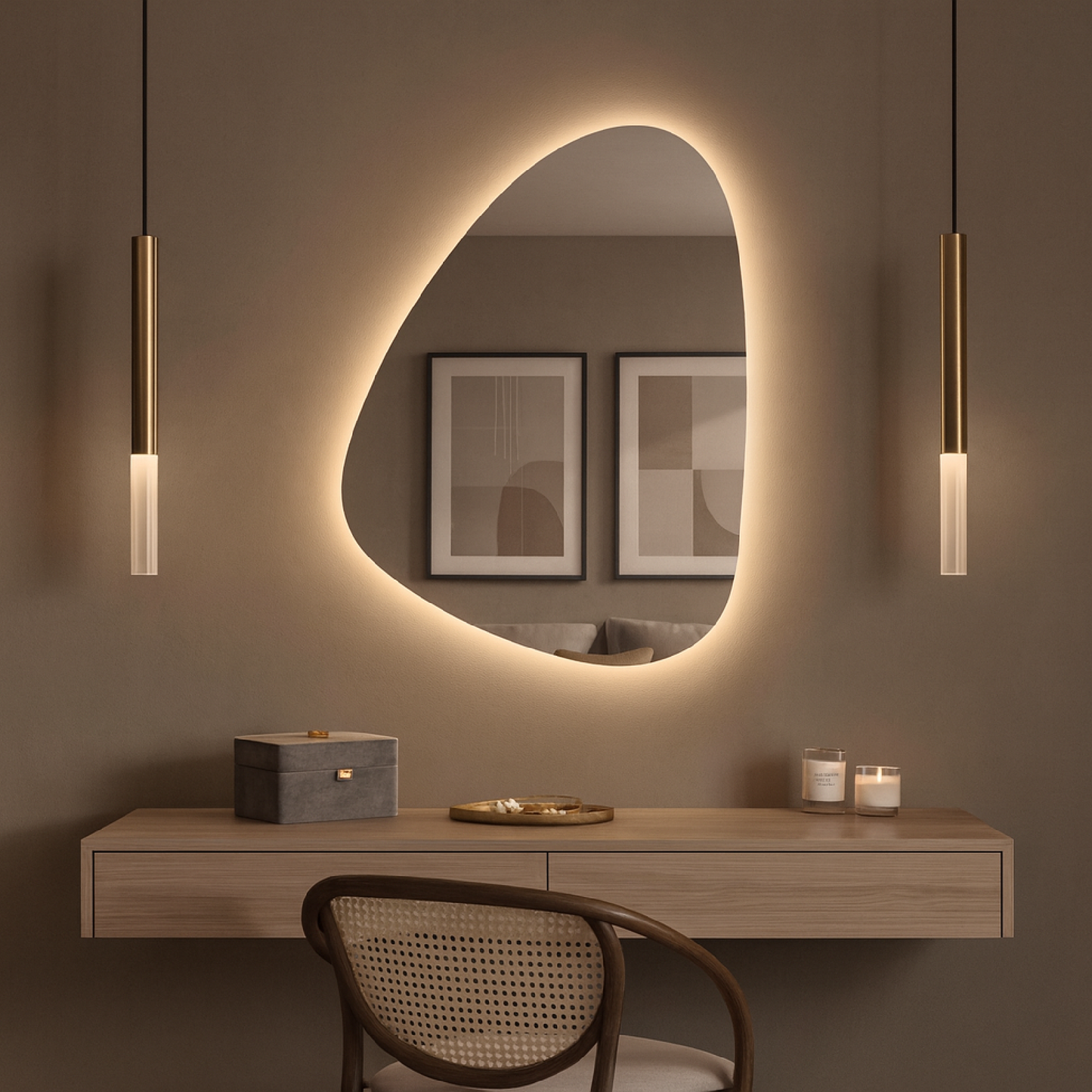 Modern LED Organik Banyo Aynası – Asimetrik Aydınlatmalı Dekoratif Duvar Aynası, Sıcak Işıklı Tasarım