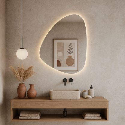 Modern LED Organik Banyo Aynası – Asimetrik Aydınlatmalı Dekoratif Duvar Aynası, Sıcak Işıklı Tasarım