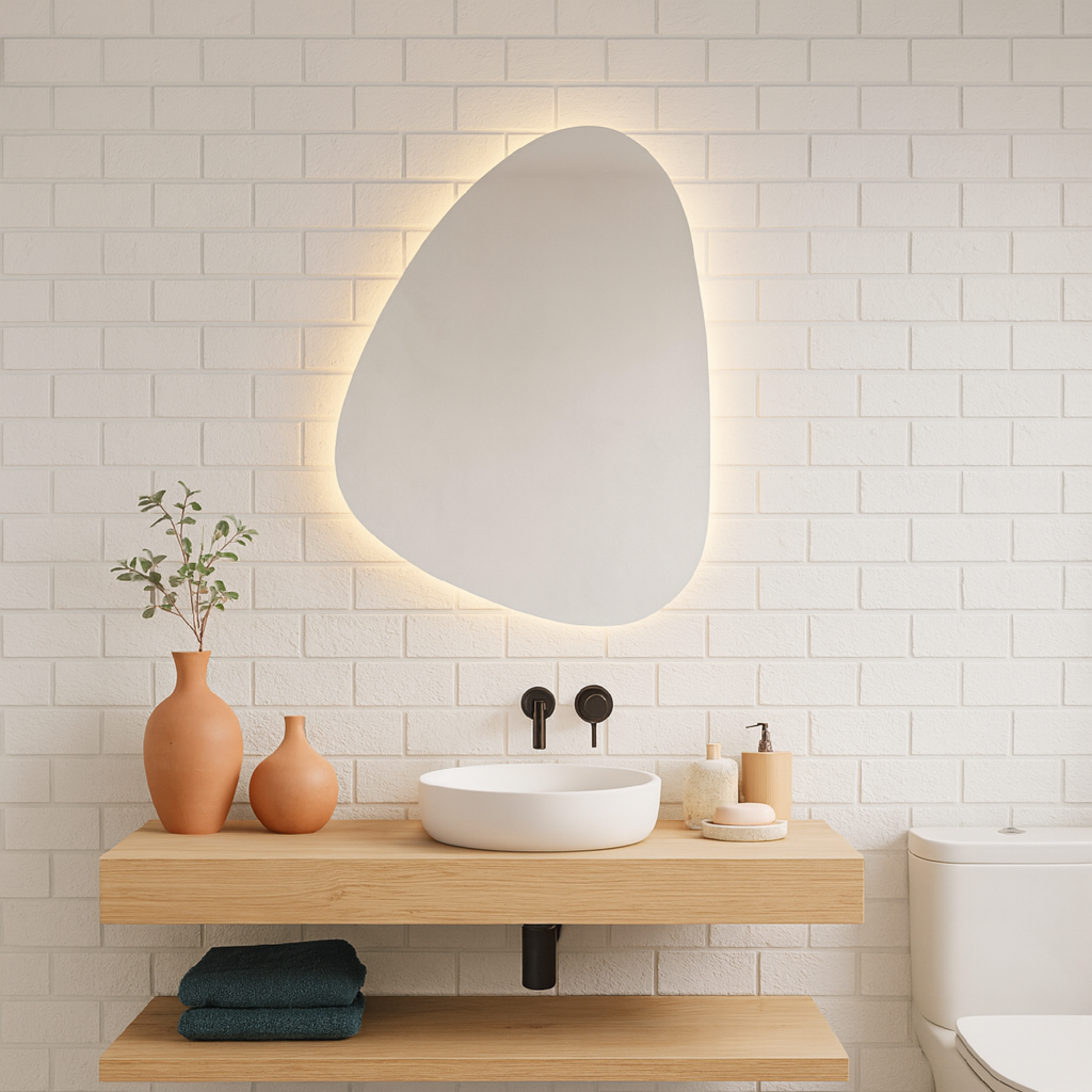 Modern LED Organik Banyo Aynası – Asimetrik Aydınlatmalı Dekoratif Duvar Aynası, Sıcak Işıklı Tasarım