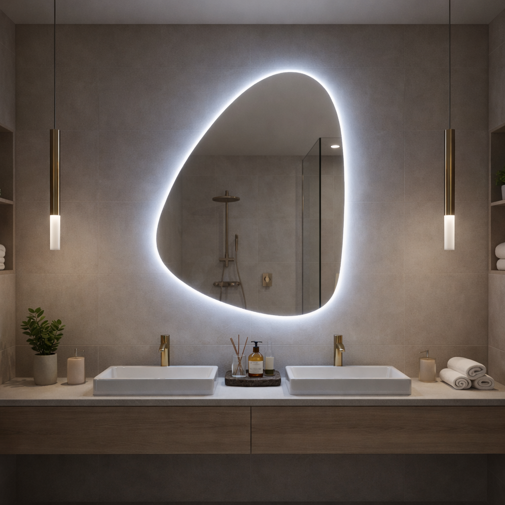 Modern LED Organik Banyo Aynası – Asimetrik Aydınlatmalı Dekoratif Duvar Aynası, Sıcak Işıklı Tasarım