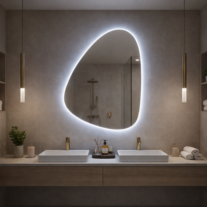 Modern LED Organik Banyo Aynası – Asimetrik Aydınlatmalı Dekoratif Duvar Aynası, Sıcak Işıklı Tasarım