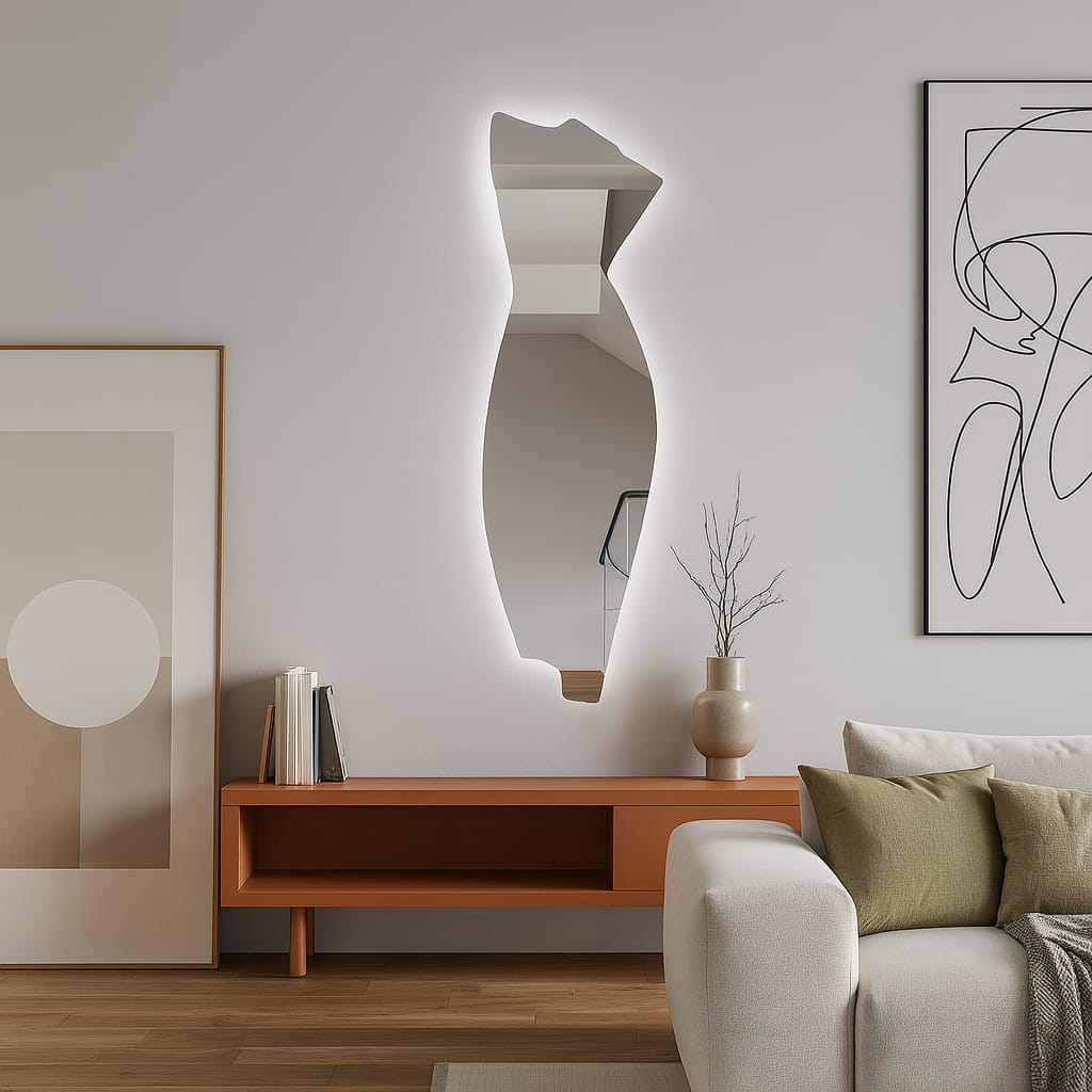 Asimetrik LED Ayna | Modern Dekoratif Banyo Aynası | Tasarım Organik Form LED Işıklı Ayna