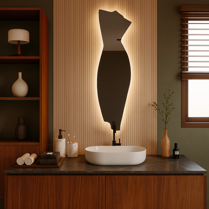 Asimetrik LED Ayna | Modern Dekoratif Banyo Aynası | Tasarım Organik Form LED Işıklı Ayna