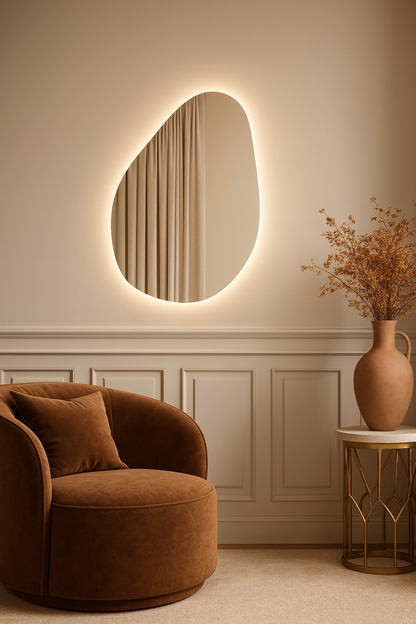 Asimetrik LED Ayna – Modern Organik Şekilli Duvar Aynası, Banyo & Makyaj Aydınlatmalı Dekoratif Ayna