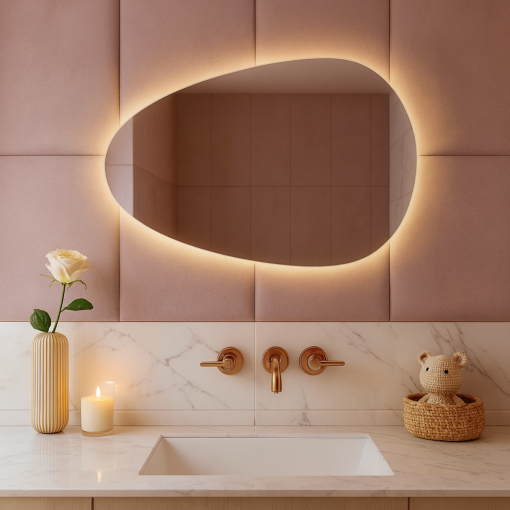 Organik Şekilli LED Banyo Aynası – Modern Arkadan Aydınlatmalı Işıklı Ayna, Minimalist Tasarım
