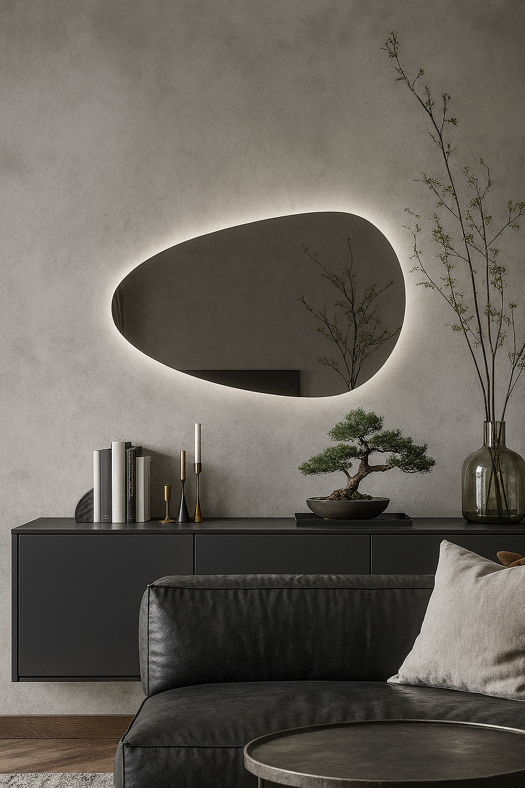 Organik Şekilli LED Banyo Aynası – Modern Arkadan Aydınlatmalı Işıklı Ayna, Minimalist Tasarım