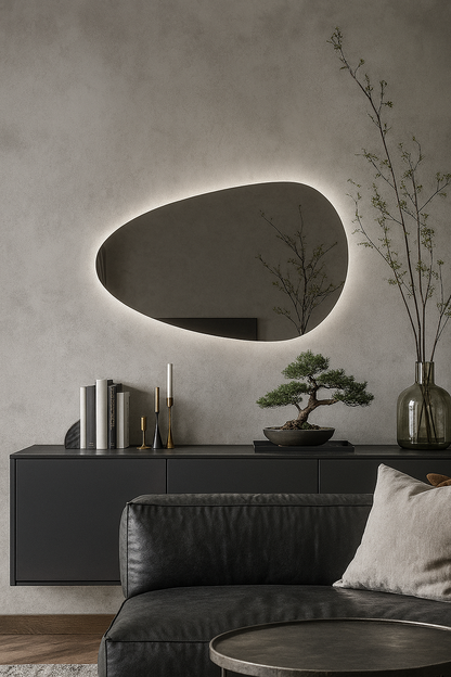 Organik Şekilli LED Banyo Aynası – Modern Arkadan Aydınlatmalı Işıklı Ayna, Minimalist Tasarım
