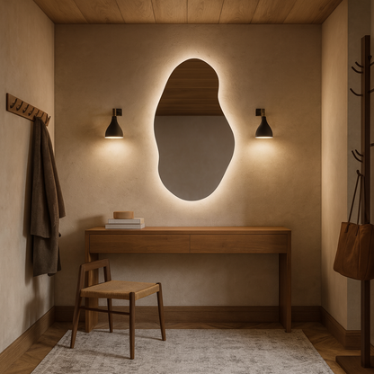 Asimetrik LED Banyo Aynası – Modern Dekoratif Işıklı Ayna, Organik Tasarım Arkadan Aydınlatmalı Ayna
