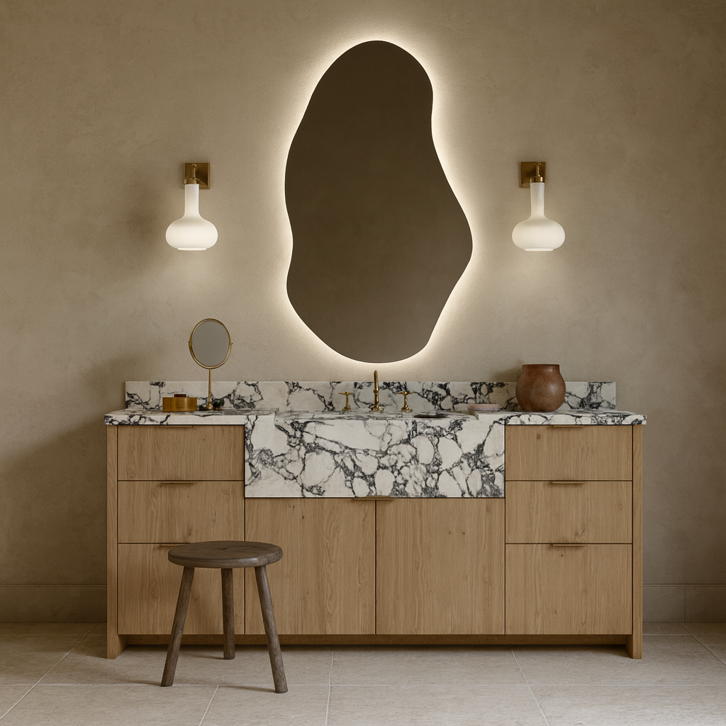 Asimetrik LED Banyo Aynası – Modern Dekoratif Işıklı Ayna, Organik Tasarım Arkadan Aydınlatmalı Ayna