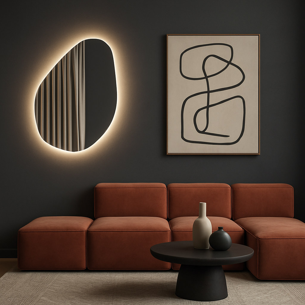 Asimetrik LED Ayna – Modern Organik Şekilli Duvar Aynası, Banyo & Makyaj Aydınlatmalı Dekoratif Ayna