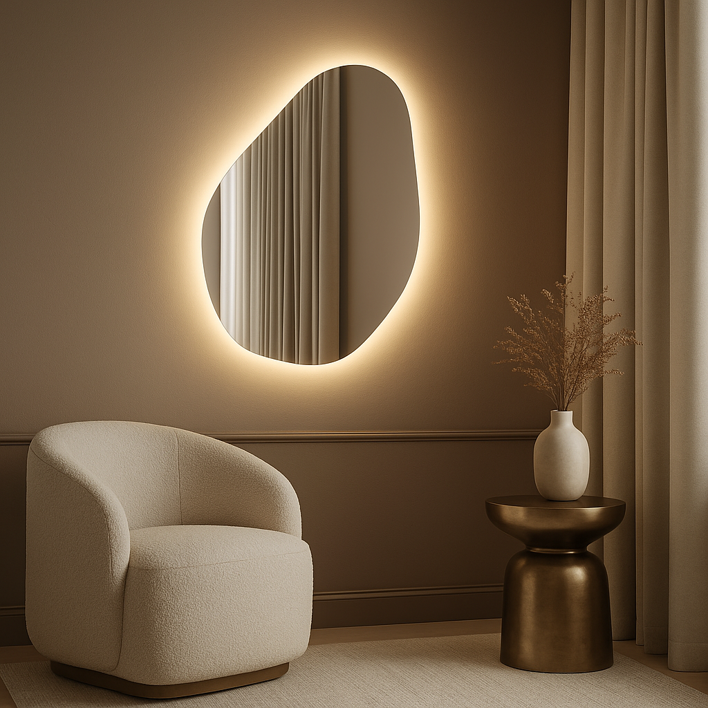 Asimetrik LED Ayna – Modern Organik Şekilli Duvar Aynası, Banyo & Makyaj Aydınlatmalı Dekoratif Ayna
