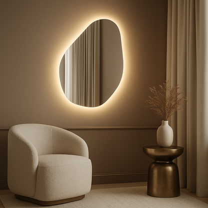 Asimetrik LED Ayna – Modern Organik Şekilli Duvar Aynası, Banyo & Makyaj Aydınlatmalı Dekoratif Ayna
