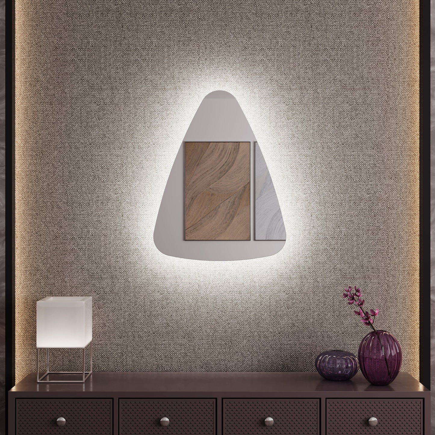 Modern Asimetrik LED Ayna – Mermer Banyo İçin Dekoratif Tasarım Duvar Aynası | Sıcak/Soğuk Işıklı Lüks Aydınlatmalı Ayna