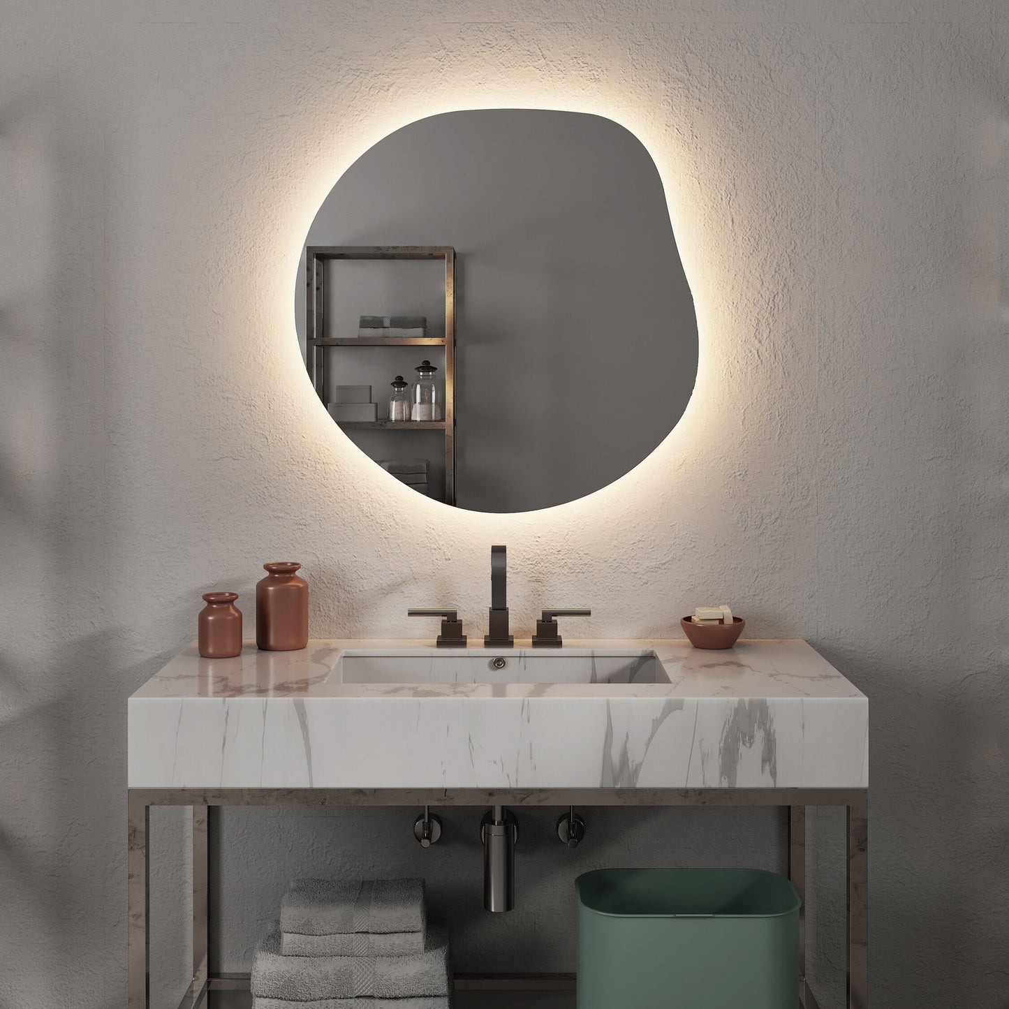 Modern LED Aydınlatmalı Asimetrik Ayna – Organik Form Dekoratif Duvar ve Banyo Aynası