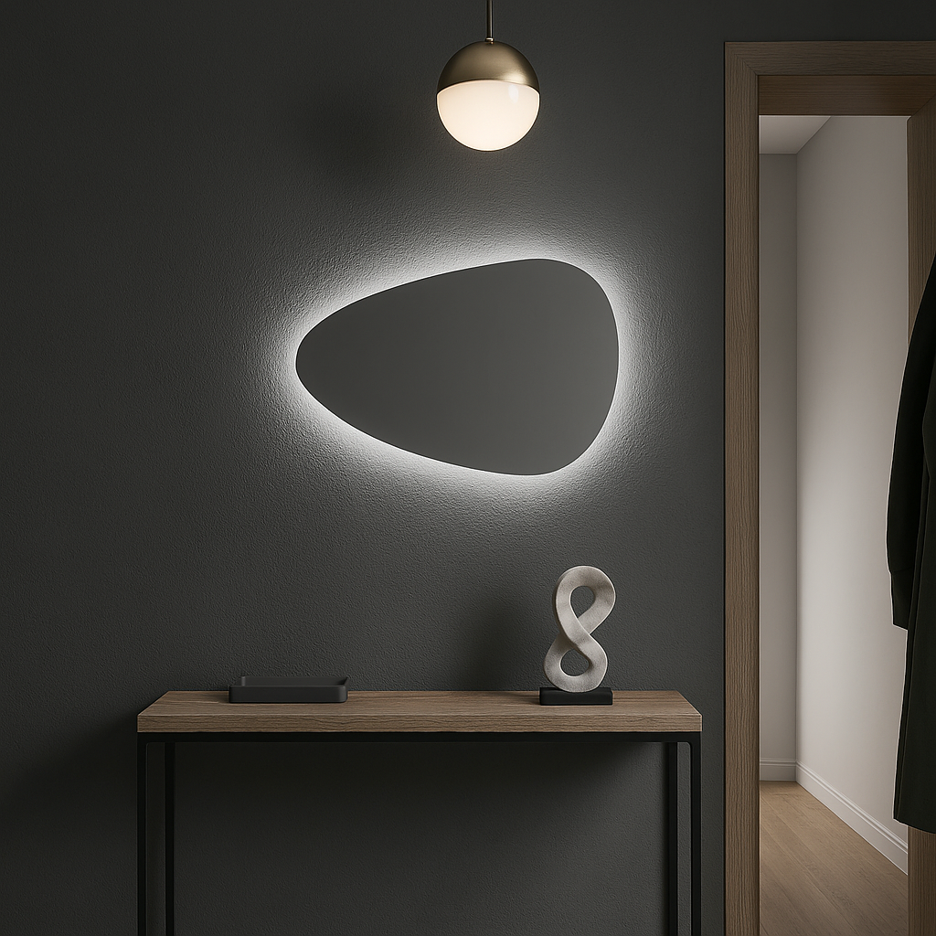 Organik Şekilli LED Banyo Aynası – Modern Arkadan Aydınlatmalı Işıklı Ayna, Minimalist Tasarım