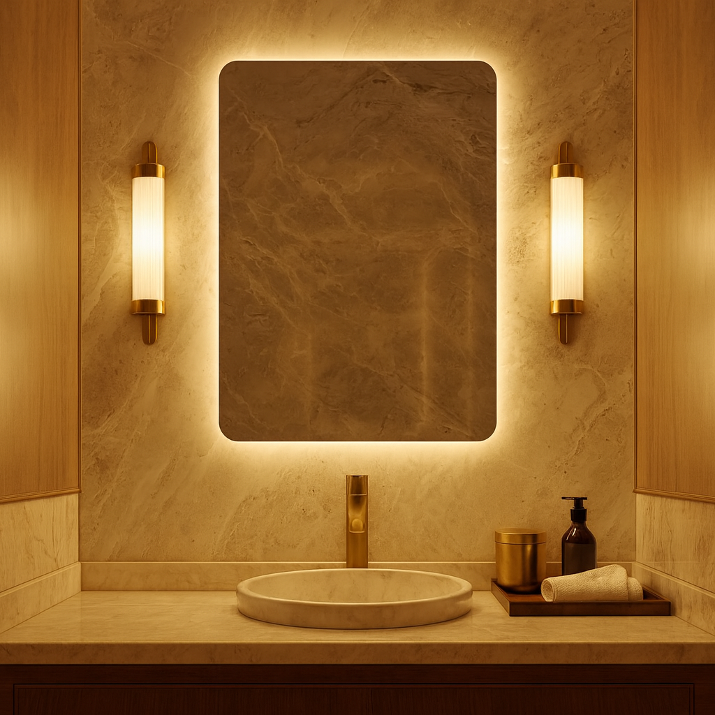 Köşeleri Oval LED Banyo Aynası – Modern Çerçevesiz Işıklı Ayna | Sıcak/Soğuk LED