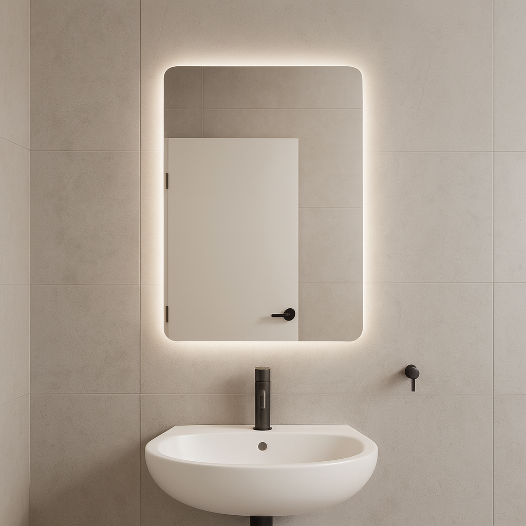 Köşeleri Oval LED Banyo Aynası – Modern Çerçevesiz Işıklı Ayna | Sıcak/Soğuk LED