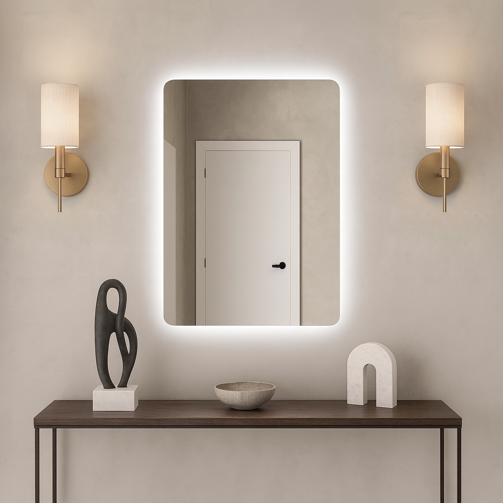 Köşeleri Oval LED Banyo Aynası – Modern Çerçevesiz Işıklı Ayna | Sıcak/Soğuk LED