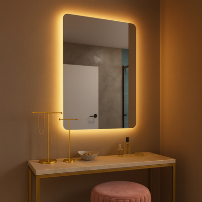 Köşeleri Oval LED Banyo Aynası – Modern Çerçevesiz Işıklı Ayna | Sıcak/Soğuk LED