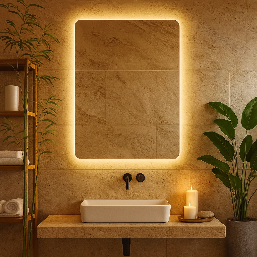 Köşeleri Oval LED Banyo Aynası – Modern Çerçevesiz Işıklı Ayna | Sıcak/Soğuk LED