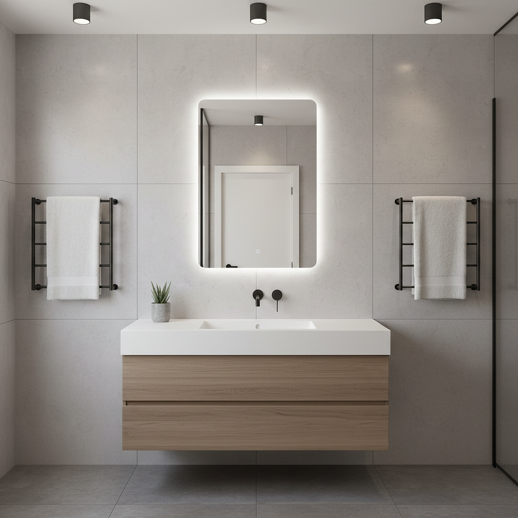 Köşeleri Oval LED Banyo Aynası – Modern Çerçevesiz Işıklı Ayna | Sıcak/Soğuk LED