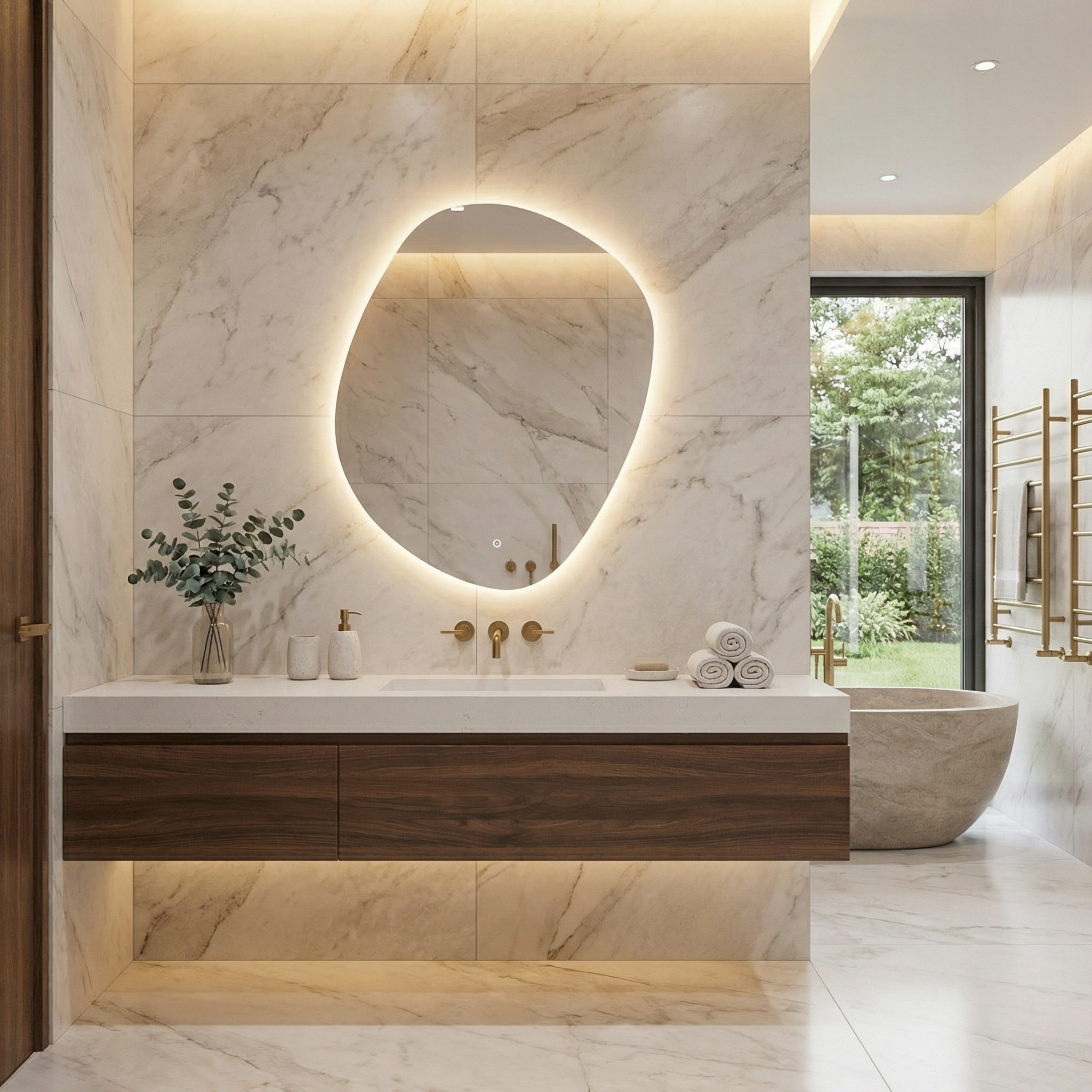 Modern Organik Şekilli LED Banyo Aynası – Arka Işıklı Dekoratif Ayna, Minimalist Tasarım Aydınlatmalı Ayna