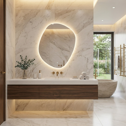 Modern Organik Şekilli LED Banyo Aynası – Arka Işıklı Dekoratif Ayna, Minimalist Tasarım Aydınlatmalı Ayna