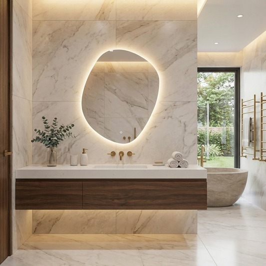 Modern Organik Şekilli LED Banyo Aynası – Arka Işıklı Dekoratif Ayna, Minimalist Tasarım Aydınlatmalı Ayna