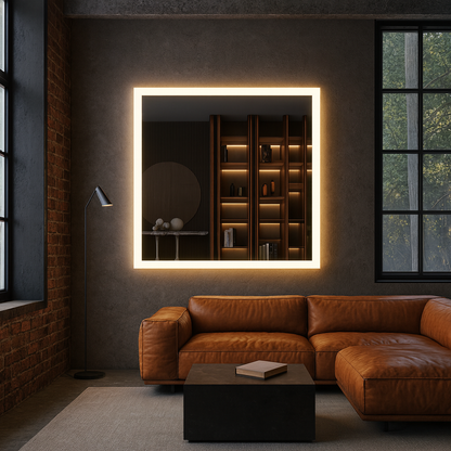 Modern Kare LED Aydınlatmalı Banyo Aynası – Sıcak Işıklı Arka Aydınlatmalı Tasarım