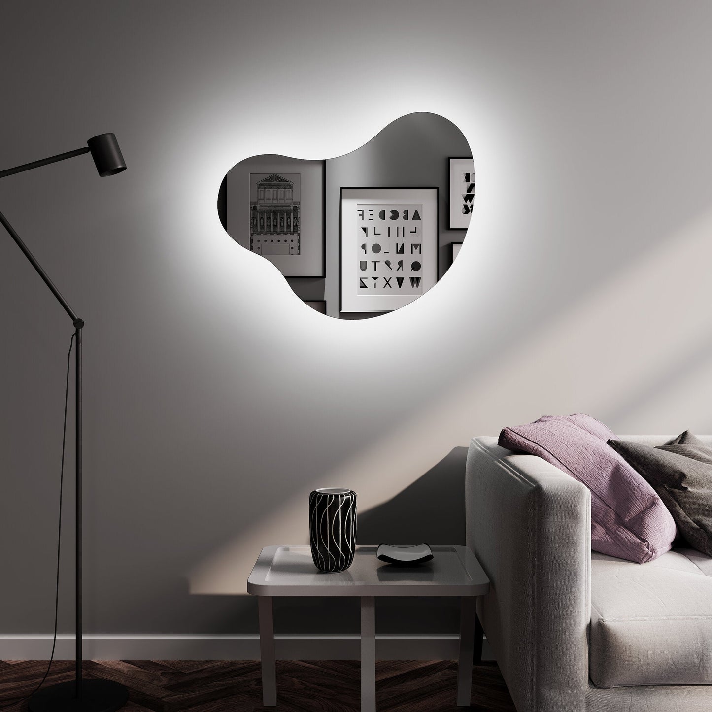 Asimetrik LED Ayna – Modern Organik Duvar Aynası, Dekoratif Banyo LED’li Ayna, Şekilli Tasarım Aydınlatmalı Ayna