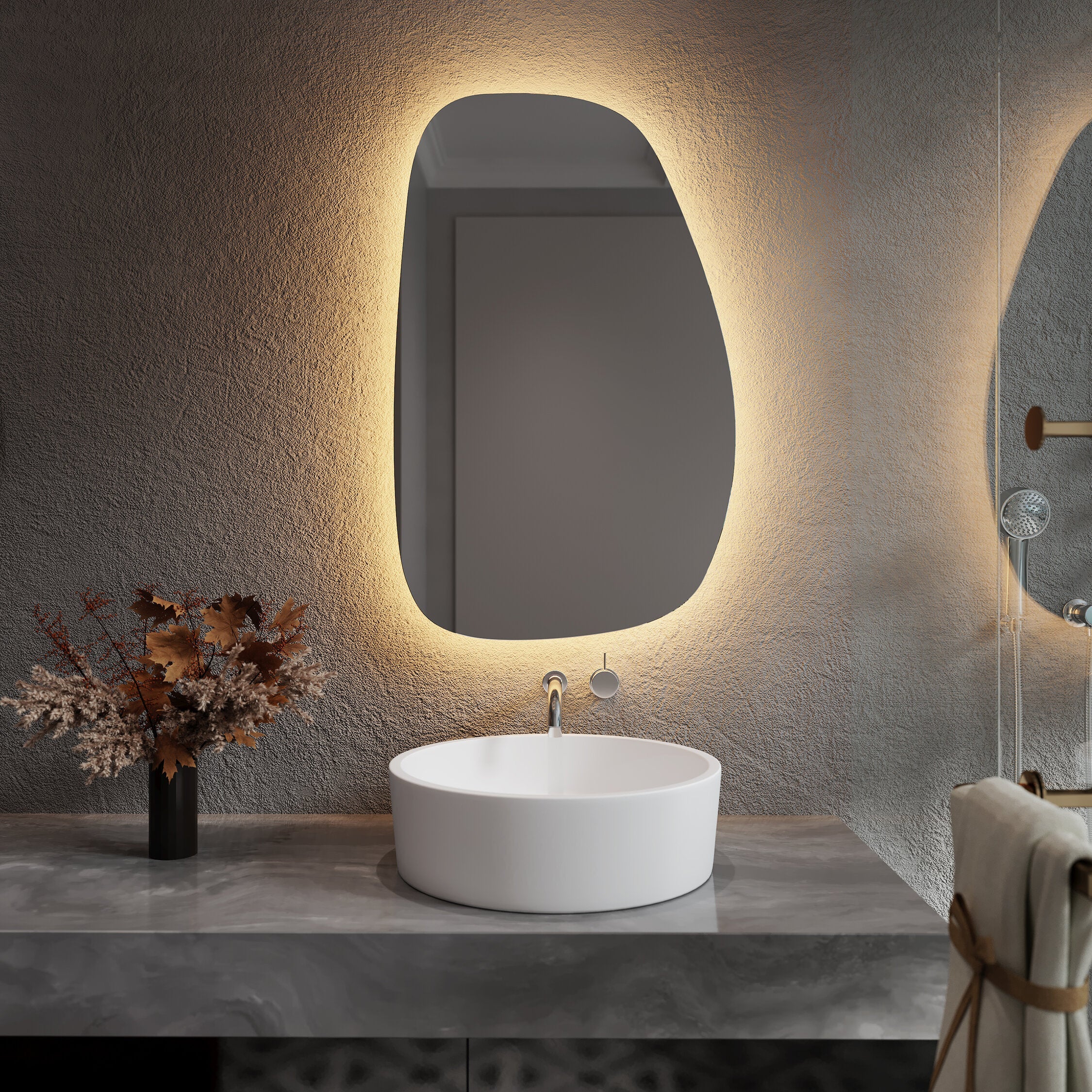 Asimetrik LED Ayna – Modern Dekoratif Organik Şekilli Duvar Aynası | Banyo & Salon için Tasarım Ayna