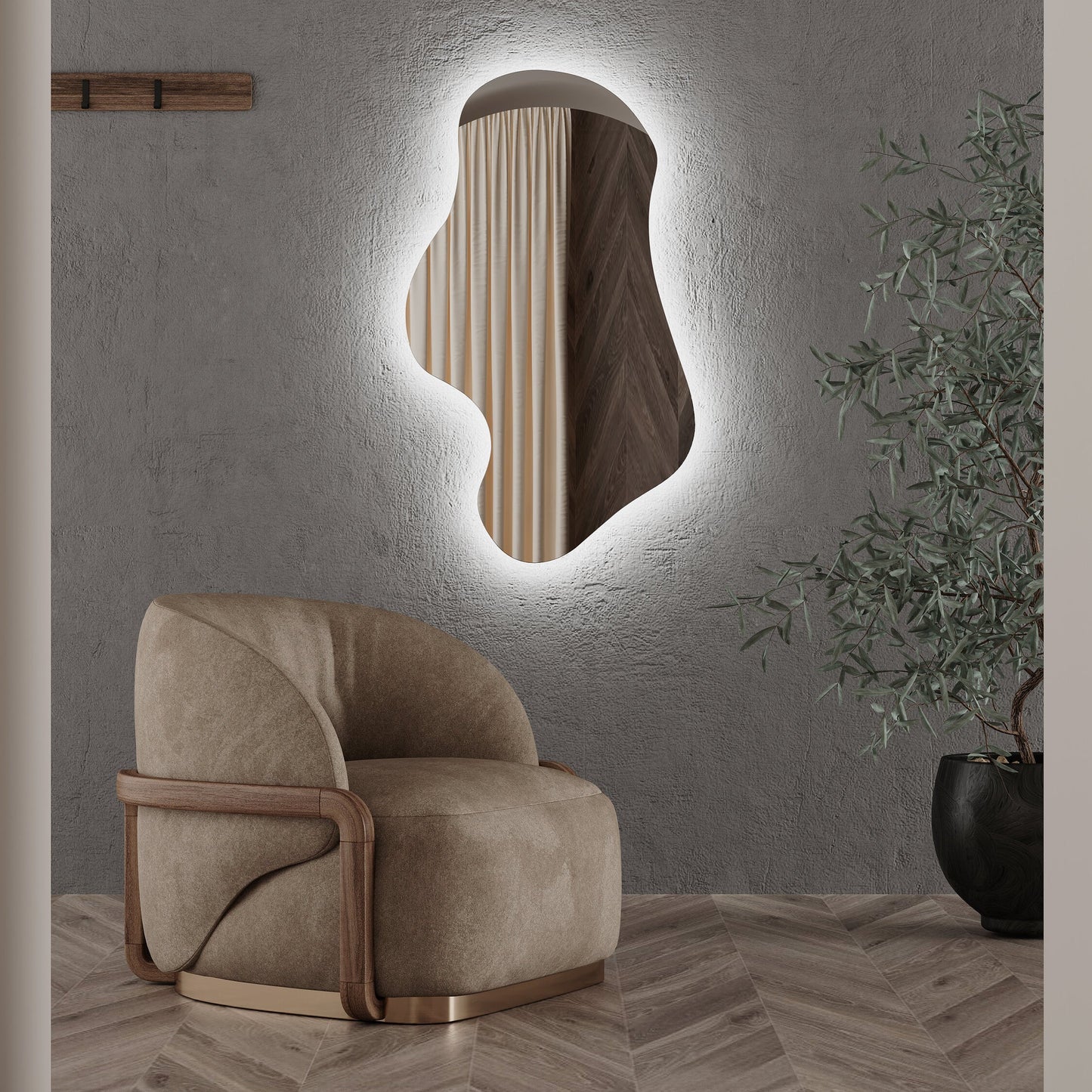 Asimetrik LED Ayna | Modern Organik Şekilli Işıklı Duvar ve Banyo Aynası – Dekoratif Tasarım