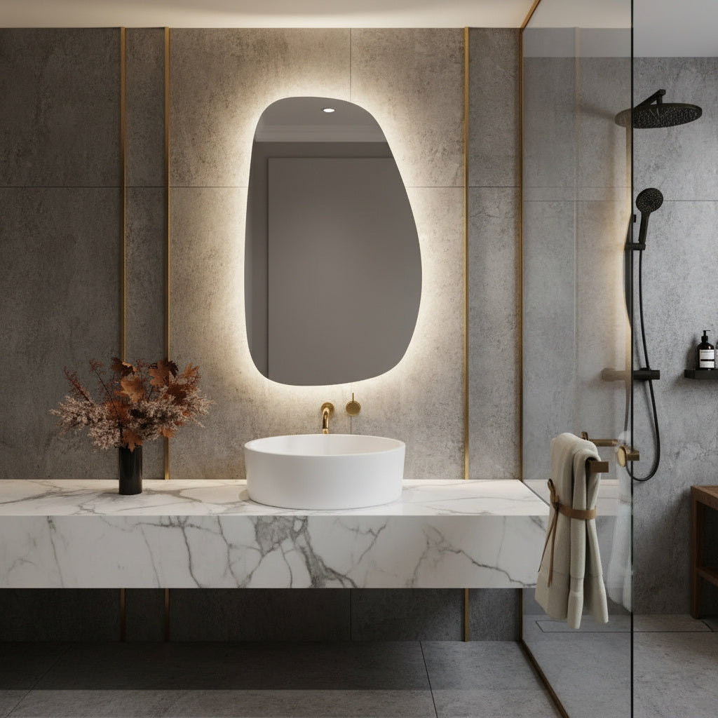 Asimetrik LED Ayna – Modern Dekoratif Organik Şekilli Duvar Aynası | Banyo & Salon için Tasarım Ayna