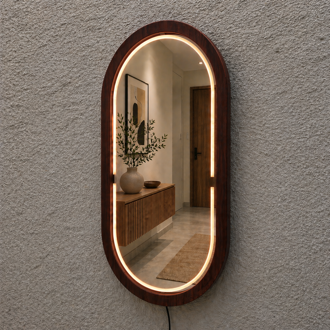 Kayın Ahşap Çerçeveli LED’li Oval Ayna – Dimmer Işıklı Dekoratif Duvar Aynası, Banyo Makyaj Salon Aynası