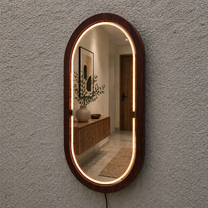 Kayın Ahşap Çerçeveli LED’li Oval Ayna – Dimmer Işıklı Dekoratif Duvar Aynası, Banyo Makyaj Salon Aynası