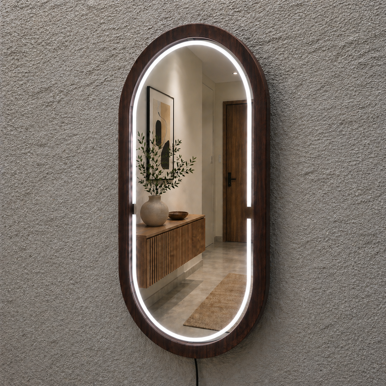 Kayın Ahşap Çerçeveli LED’li Oval Ayna – Dimmer Işıklı Dekoratif Duvar Aynası, Banyo Makyaj Salon Aynası