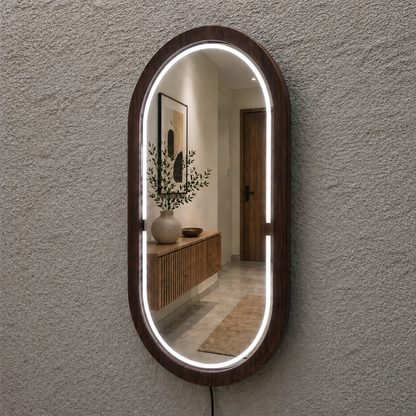 Kayın Ahşap Çerçeveli LED’li Oval Ayna – Dimmer Işıklı Dekoratif Duvar Aynası, Banyo Makyaj Salon Aynası