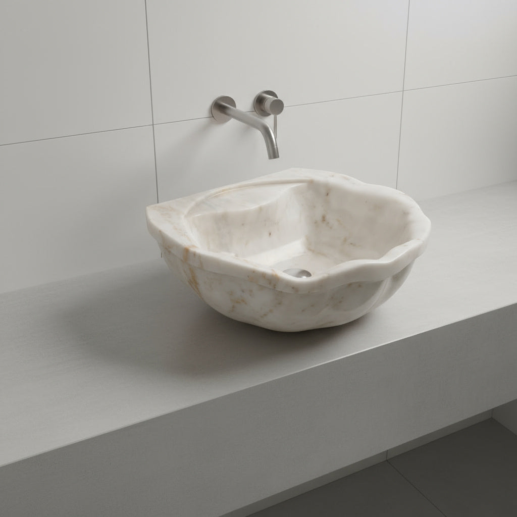 Bej Oniks Mermer Lavabo – El Yapımı Doğal Taş Banyo Lavabosu (50×40×15 cm)