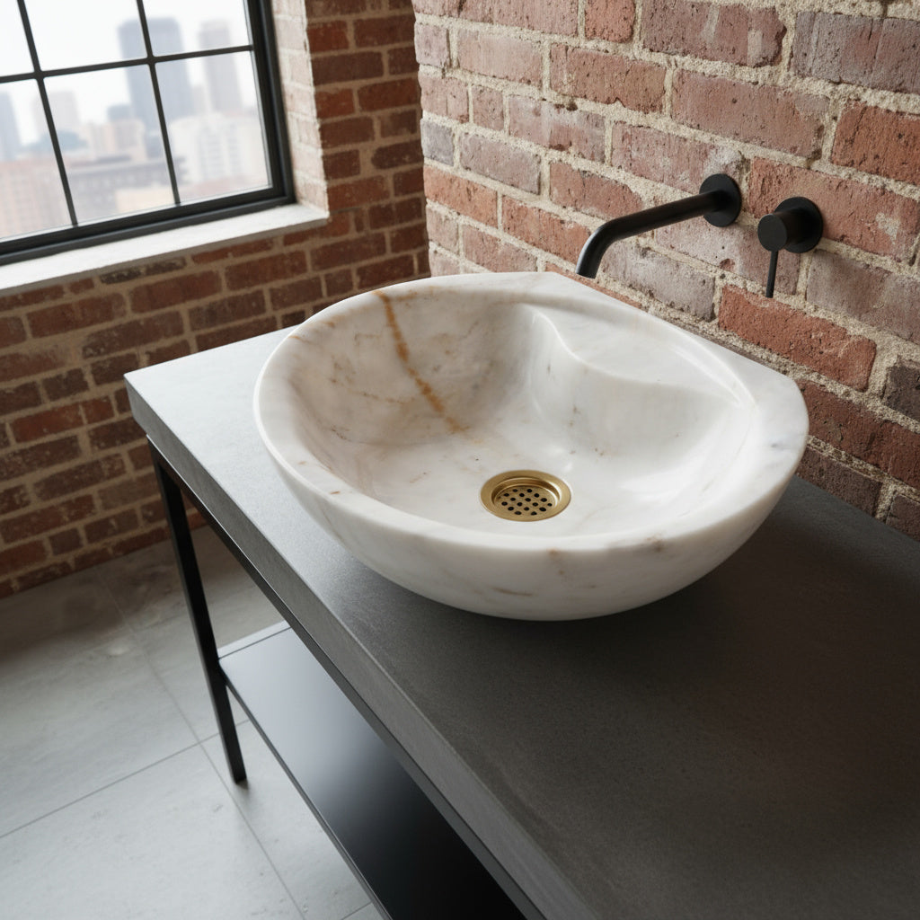 Bej Oniks Mermer Lavabo – El Yapımı Doğal Taş Banyo Lavabosu (50×40×15 cm)