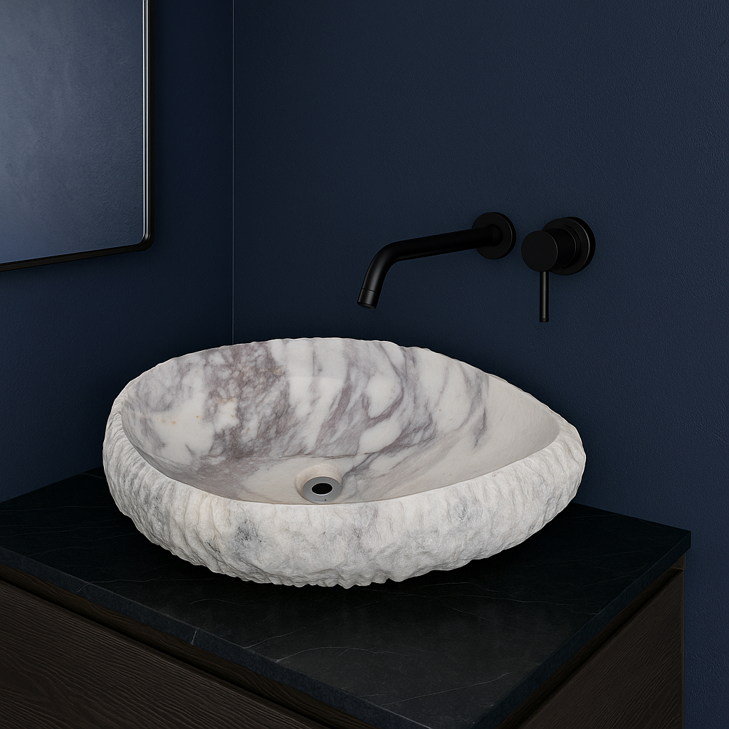Doğal Mermer Lavabo – Krem & Pembe Damar Desenli Tezgâh Üstü Doğaltaş Banyo Lavabosu (L 55 × W 40 × H 14 cm)