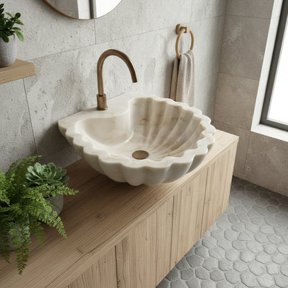 Carrara Mermer Kabuk Formu Banyo Lavabo – El Oyma Doğal Mermer Şelale Lavabo