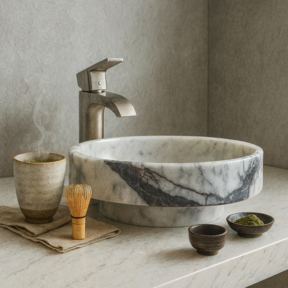 New York Mermeri Yuvarlak Doğal Taş Lavabo – 39×39×11 cm