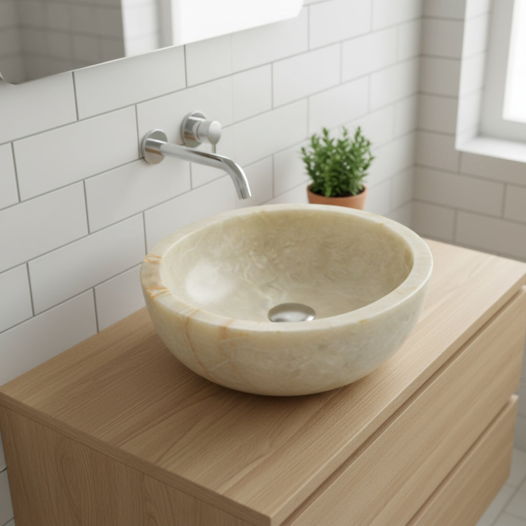 Oniks Mermer Yuvarlak Lavabo – Doğal Taş El Yapımı Oniks Banyo Lavabosu (40×40×15 cm)