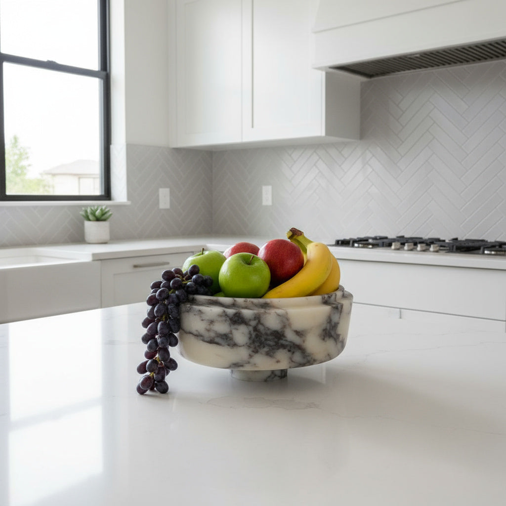 Premium Mermer Meyve Kasesi – Dekoratif Taş Sunum Standı