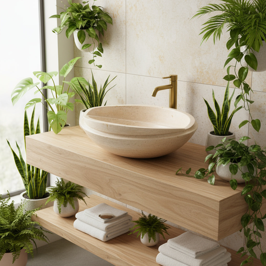 Beige Travertine Marble Lavabo – Doğal Bej Traverten Mermer Tezgâh Üstü Banyo Lavabosu (L 40 × W 40 × H 14 cm)