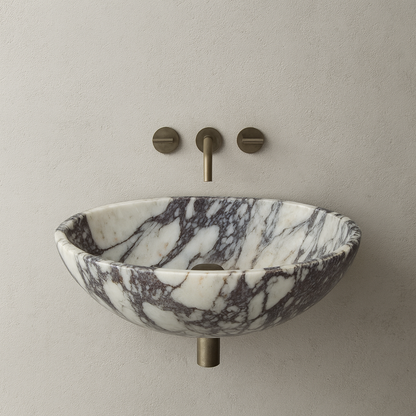 Calacatta Viola Mermer Lavabo – L36 × W46 × H13 cm | El Yapımı Doğal Mermer Banyo Lavabosu