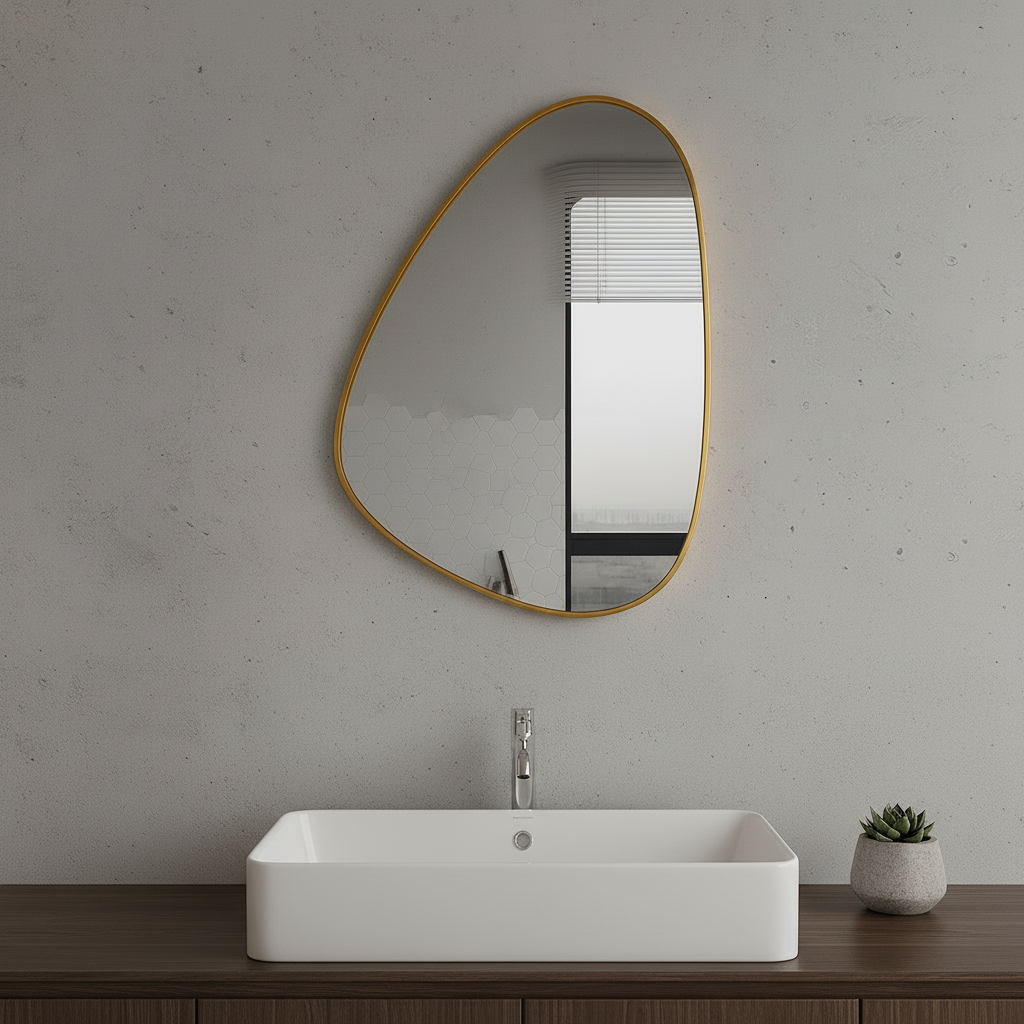 Modern Organik Şekilli Çerçeveli Düzensiz Banyo Aynası – Dekoratif Asimetrik Duvar Aynası