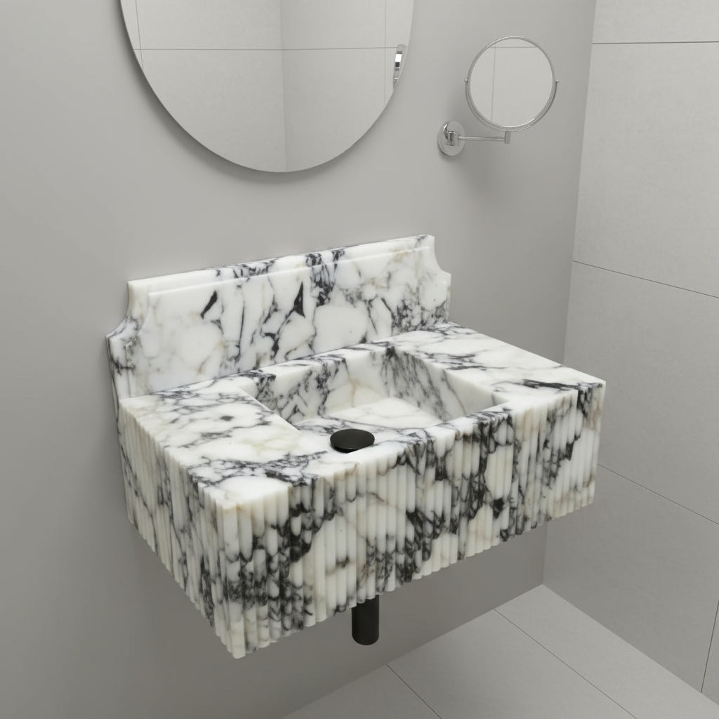 Calacatta Viola Mermer Çift Lavabolu Özel Tasarım Banyo Lavabosu – Fluted (Yivli) Blok Mermer Tezgâh Üstü Modeli – L90 × W50 × H30,5 cm