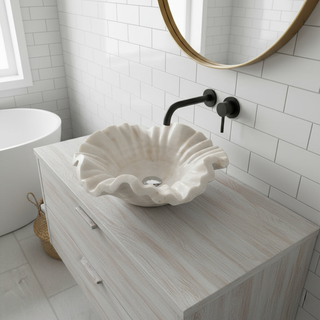 White Onyx Marble Lavabo – Doğal White Onyx Mermer Tezgâh Üstü Banyo Lavabosu (L 60 × W 40 × H 15 cm)